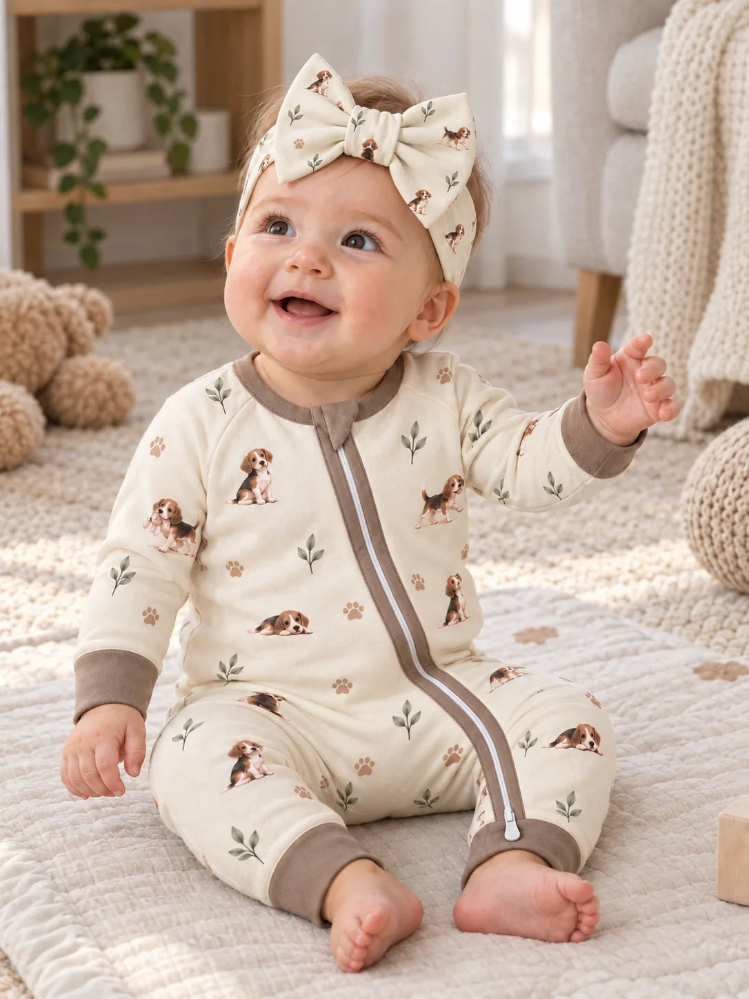 Baby wearing the MossiBaby Beagle Buddies bow headband with a matching zipper romper at home