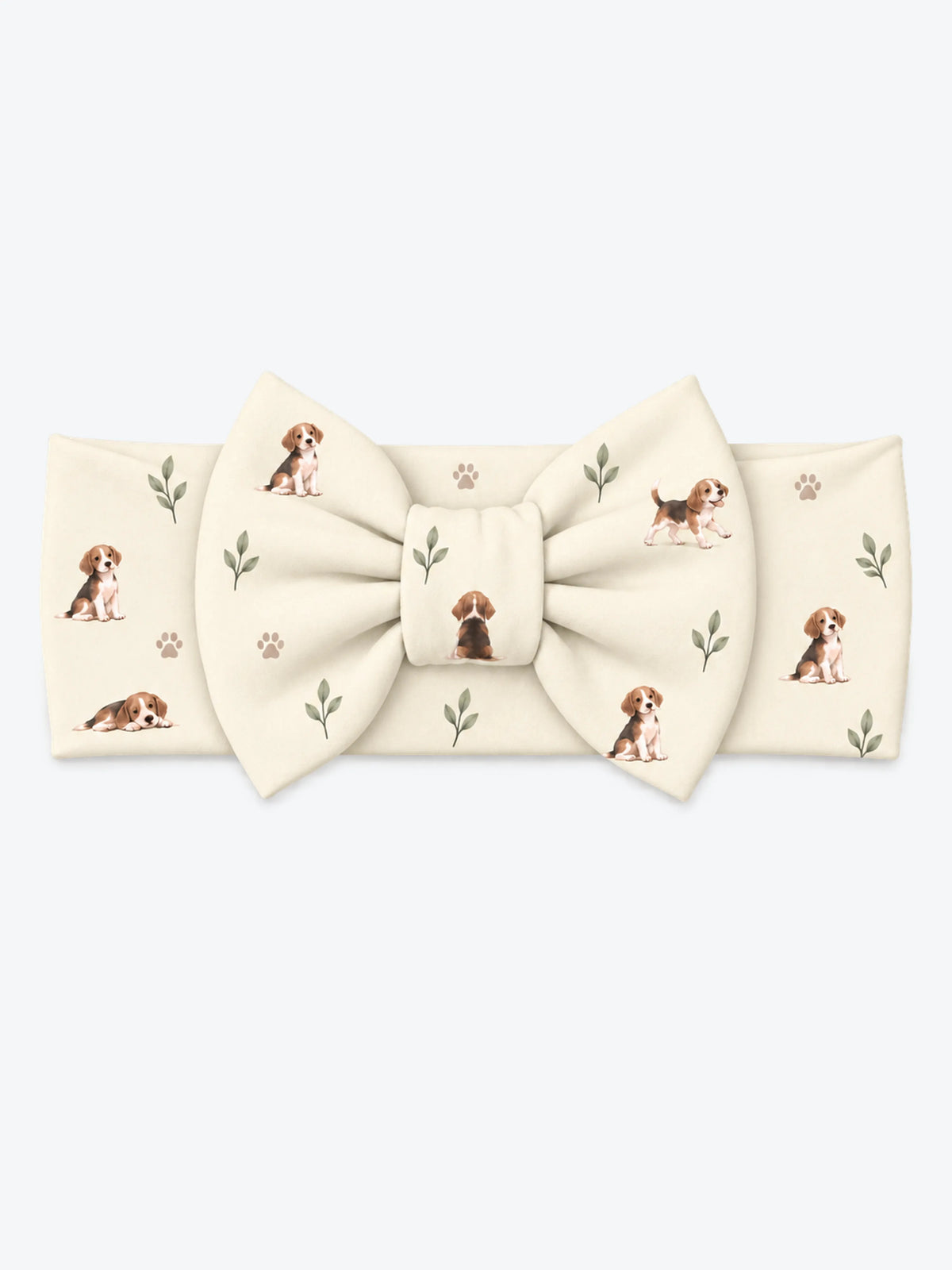 MossiBaby beagle buddies bow headband featuring beagle puppies and leafy sprigs on cream