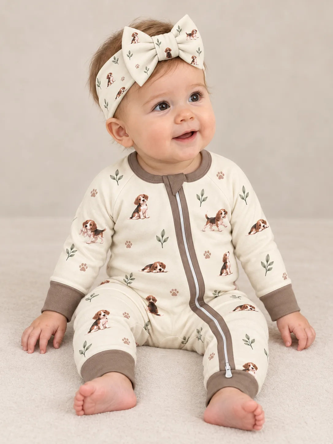 Baby wearing the MossiBaby Beagle Buddies bow headband with a matching zipper romper against a pale studio backdrop