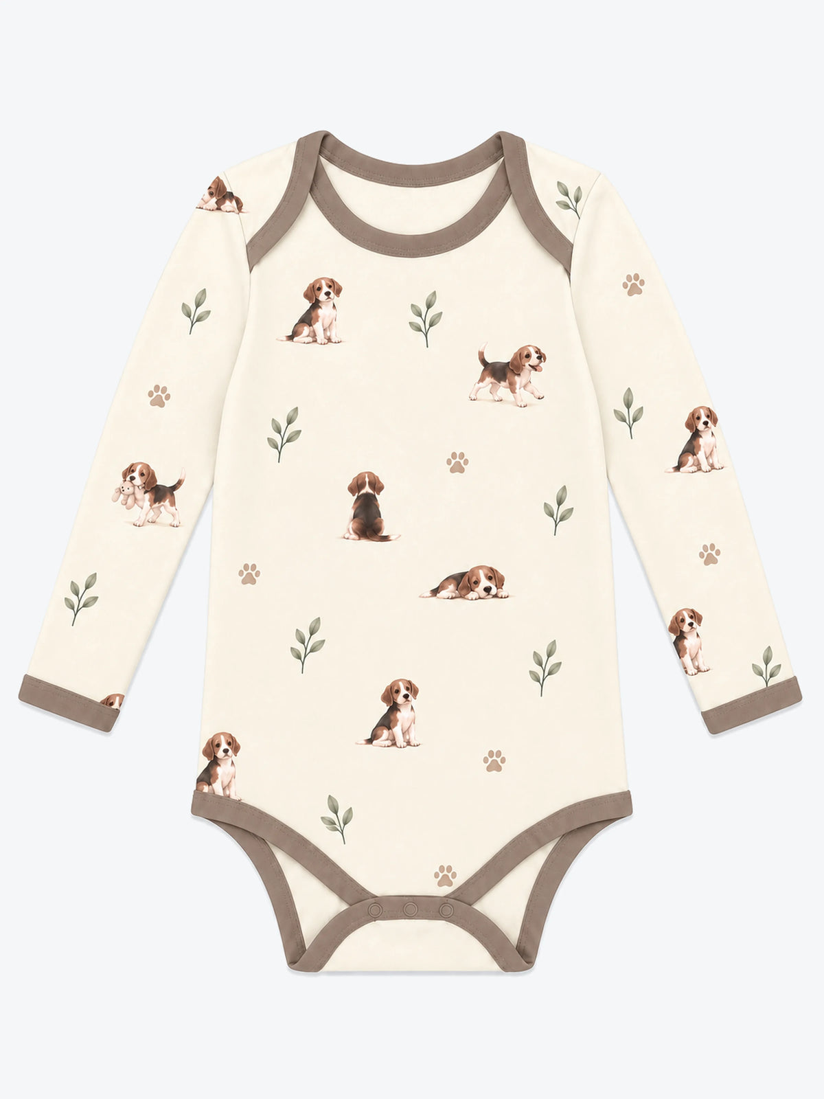 MossiBaby beagle buddies long sleeve bodysuit featuring beagle puppies and leafy sprigs on cream