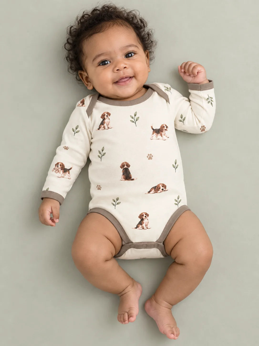 Baby wearing the MossiBaby beagle buddies long sleeve bodysuit against a pale studio backdrop