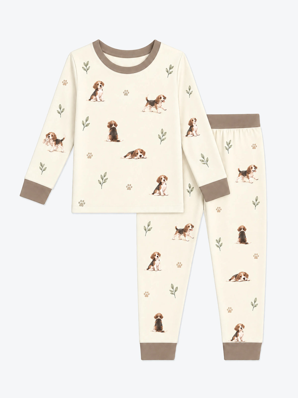 MossiBaby beagle buddies long sleeve pajama set featuring beagle puppies and leafy sprigs on cream