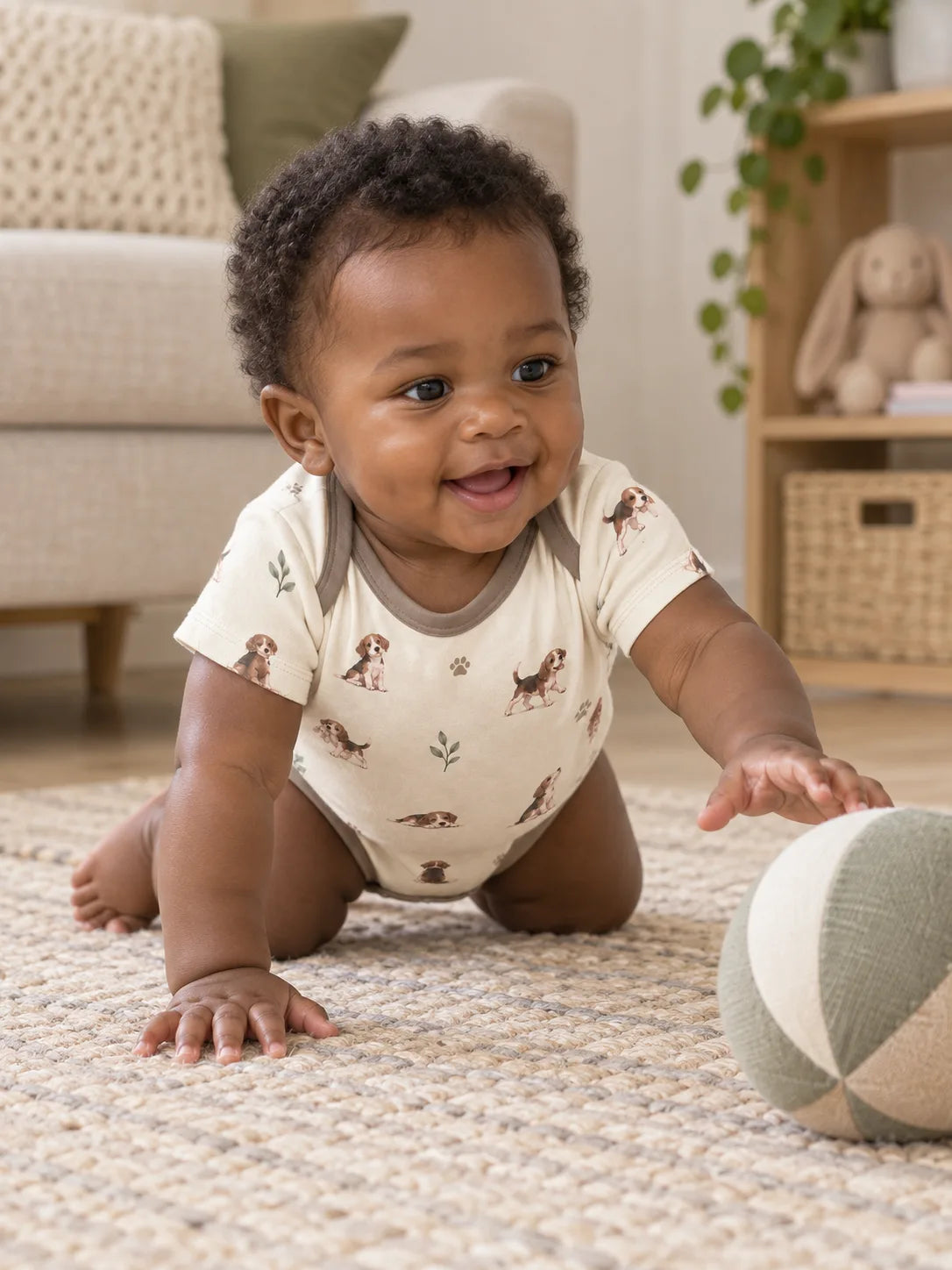 Baby wearing the MossiBaby beagle buddies short sleeve bodysuit in an indoor lifestyle scene
