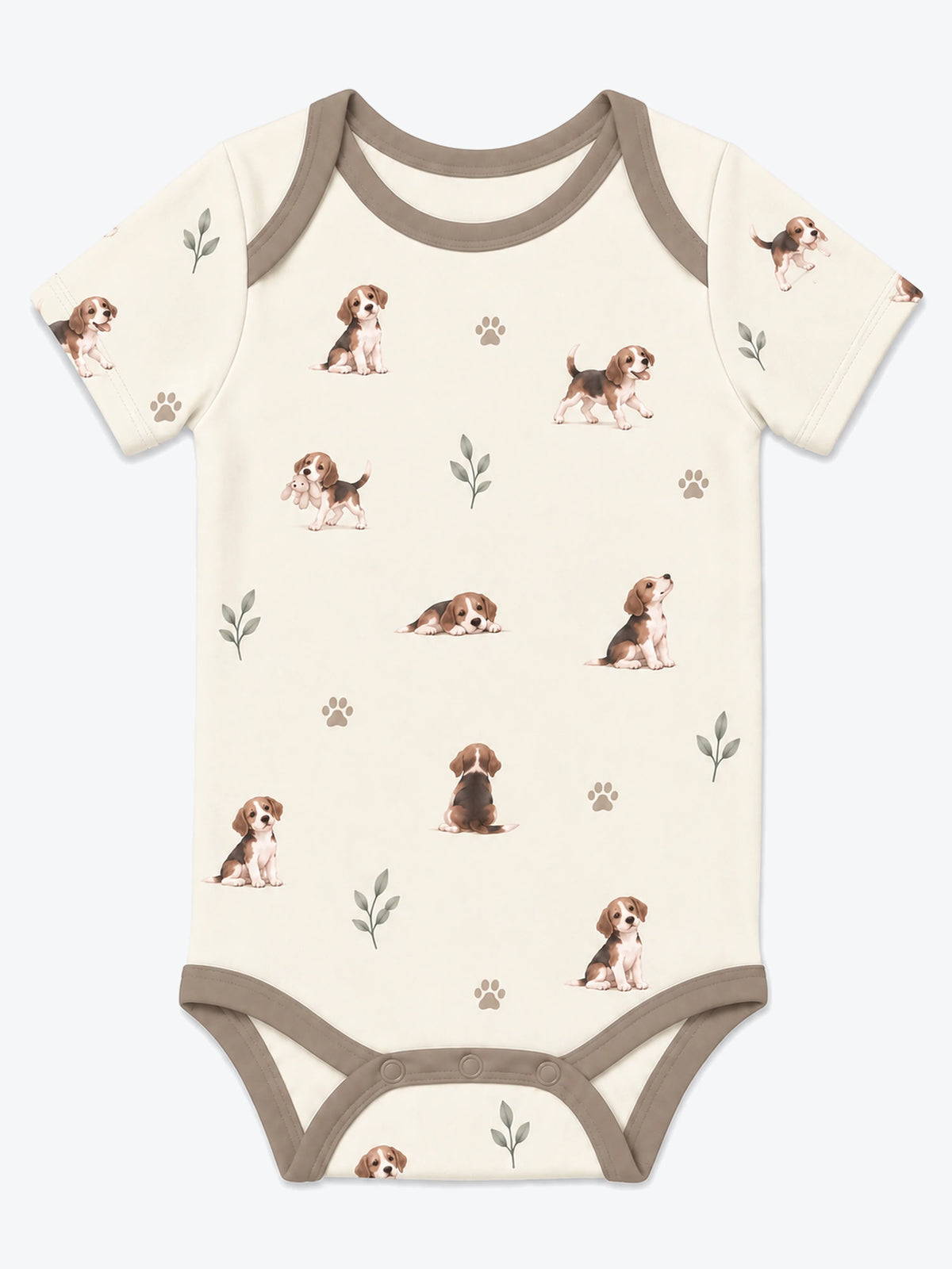 MossiBaby beagle buddies short sleeve bodysuit featuring beagle puppies and leafy sprigs on cream