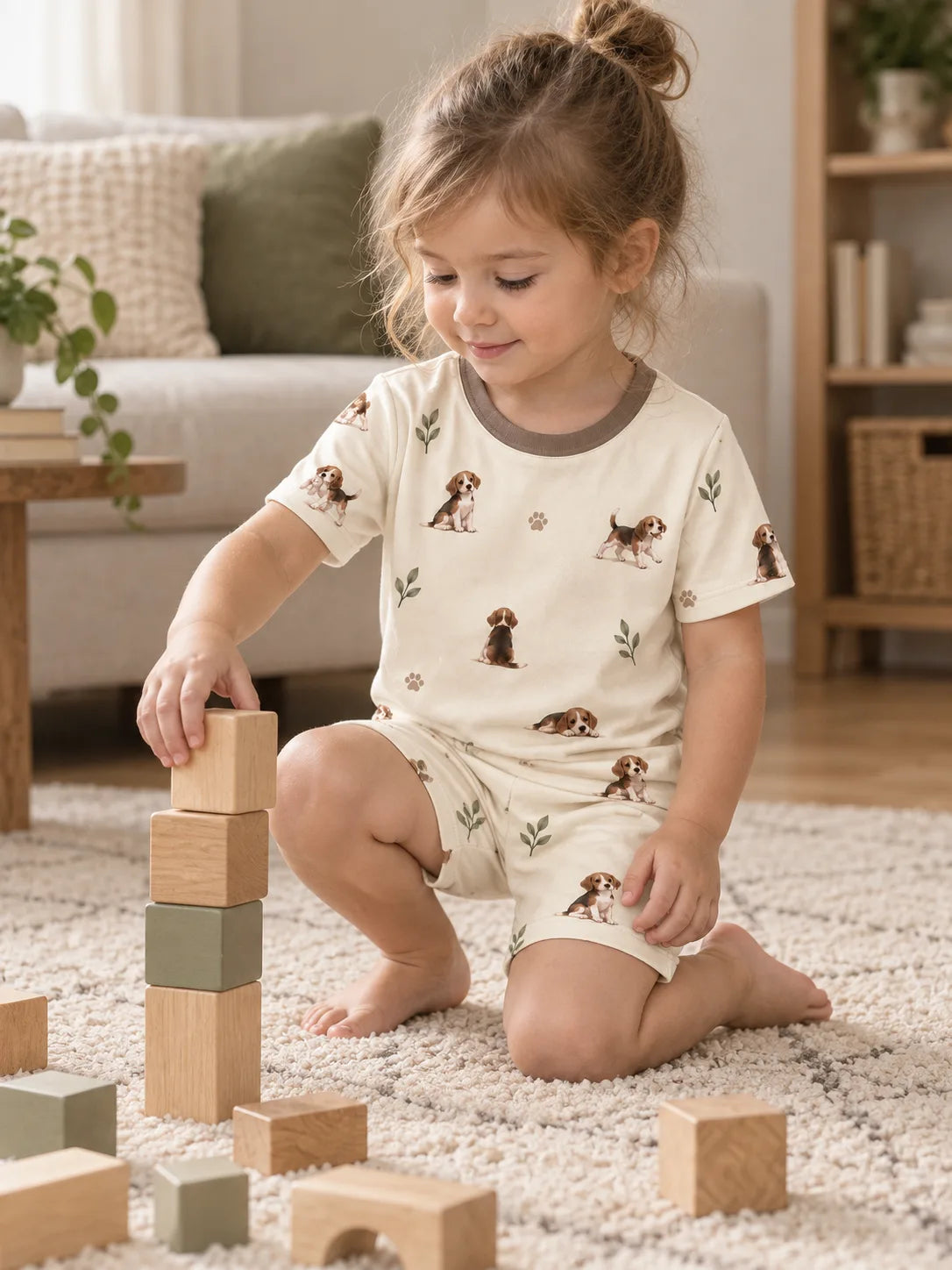 Child wearing the MossiBaby beagle buddies short sleeve pajama set in an indoor lifestyle scene