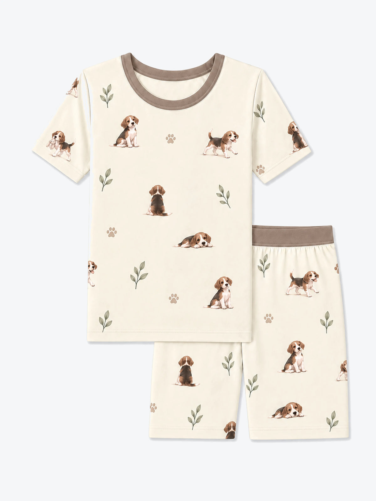 MossiBaby beagle buddies short sleeve pajama set featuring beagle puppies and leafy sprigs on cream