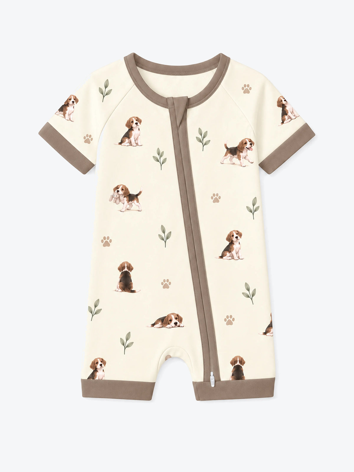 MossiBaby beagle buddies shorty romper featuring beagle puppies and leafy sprigs on cream