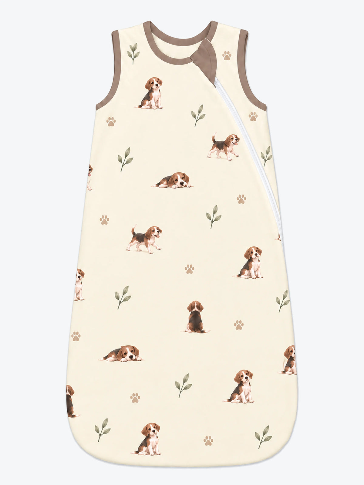 MossiBaby beagle buddies sleep bag featuring beagle puppies and leafy sprigs on cream