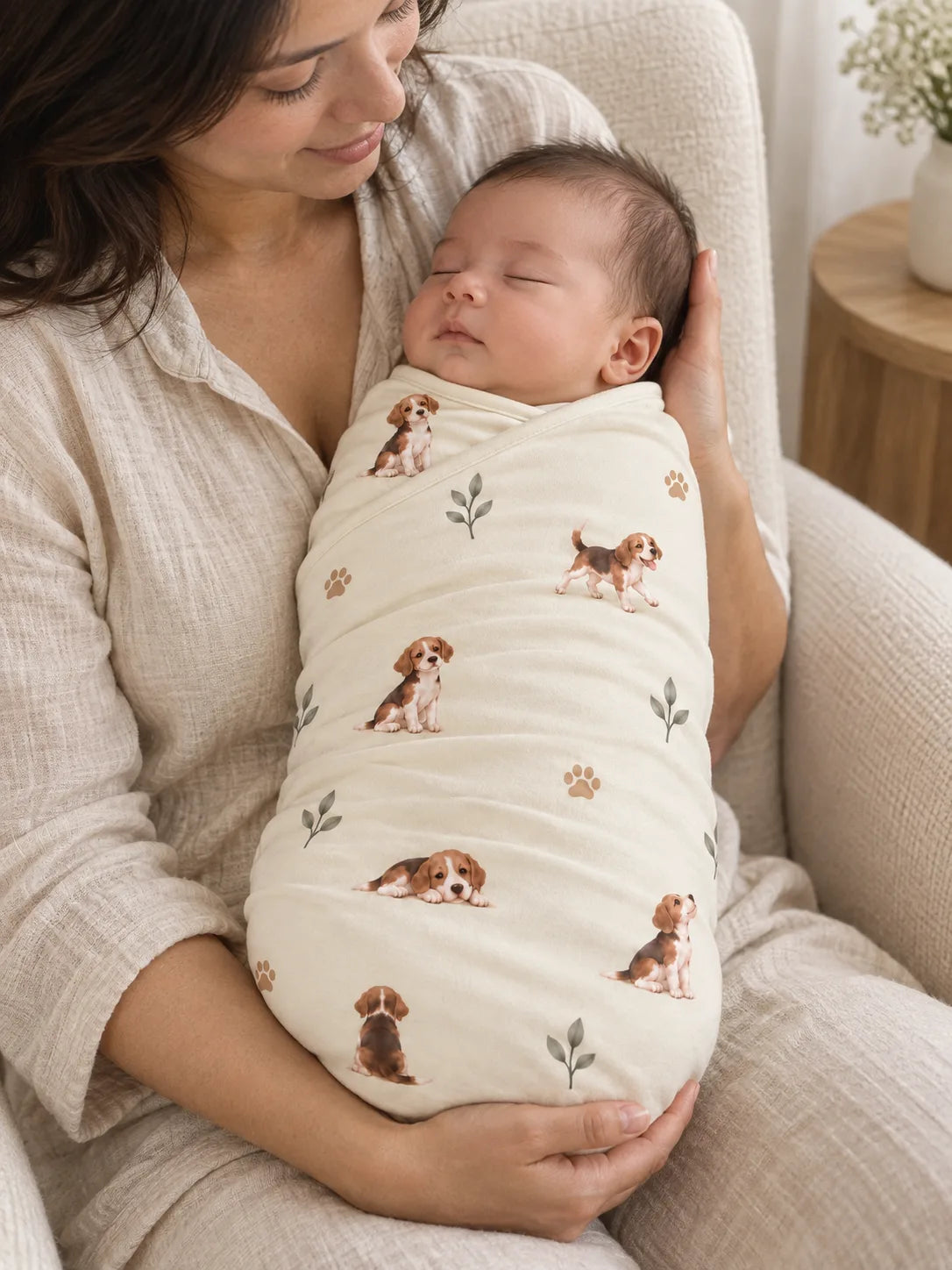 Baby wrapped in the MossiBaby beagle buddies swaddle blanket in an indoor lifestyle scene
