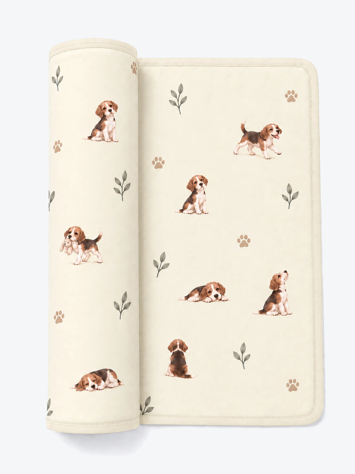 MossiBaby beagle buddies swaddle blanket featuring beagle puppies and leafy sprigs on cream