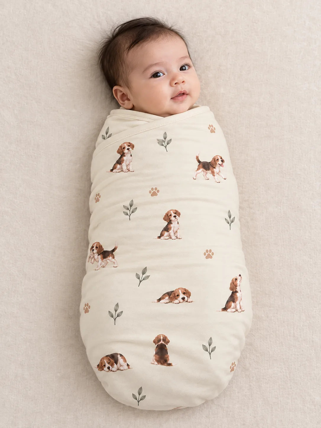 Baby wrapped in the MossiBaby beagle buddies swaddle blanket against a pale studio backdrop