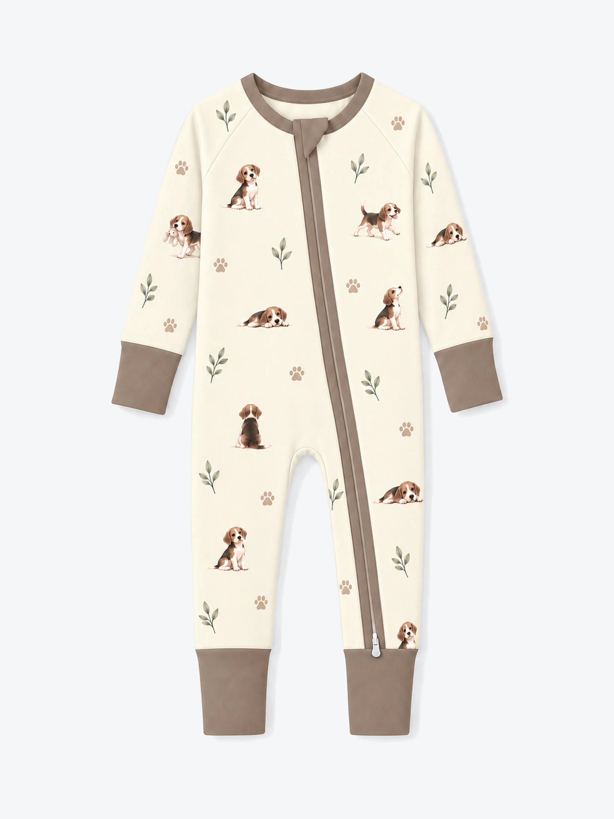 MossiBaby beagle buddies zipper romper featuring beagle puppies and leafy sprigs on cream