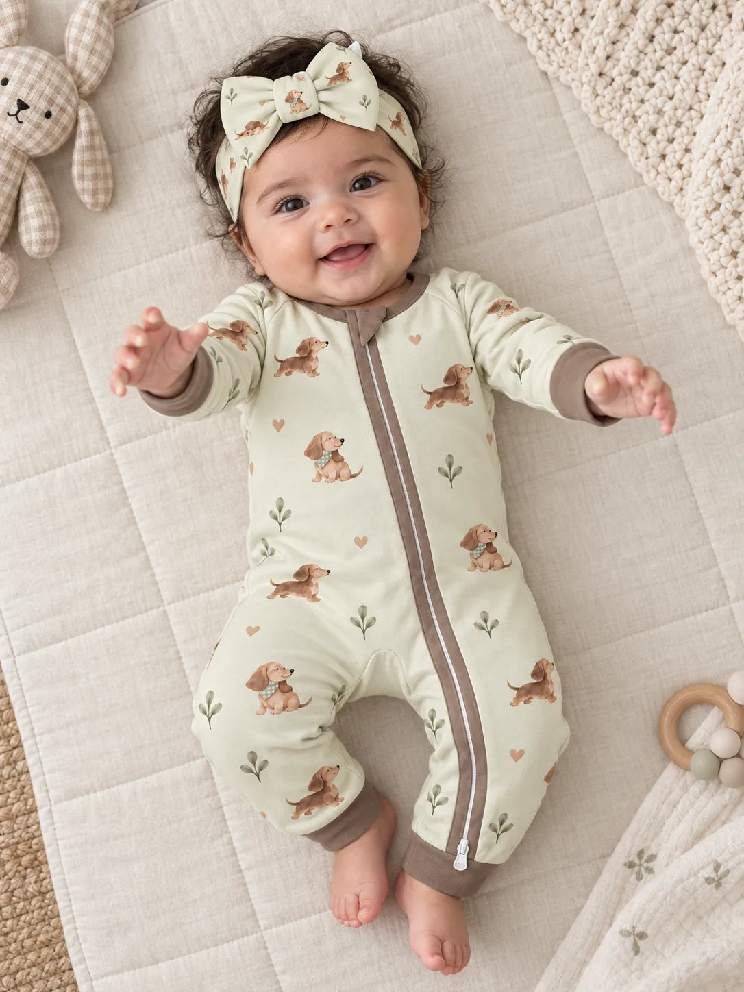Baby wearing the MossiBaby Dachshund Meadow bow headband with a matching zipper romper at home