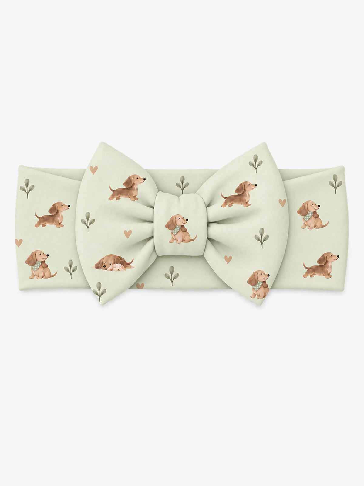 MossiBaby dachshund meadow bow headband featuring dachshunds and leafy sprigs on pale sage