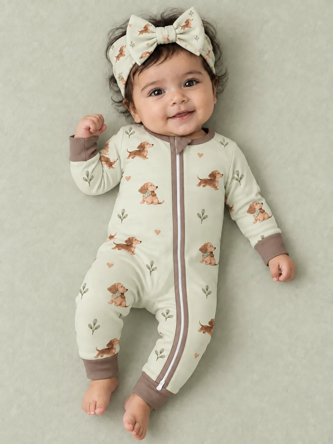 Baby wearing the MossiBaby Dachshund Meadow bow headband with a matching zipper romper against a pale studio backdrop