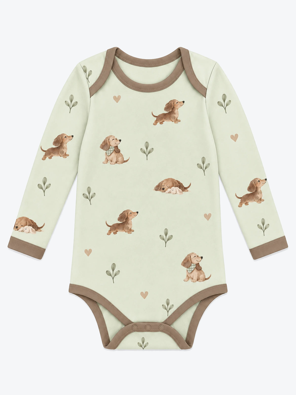 MossiBaby dachshund meadow long sleeve bodysuit featuring dachshunds and leafy sprigs on pale sage
