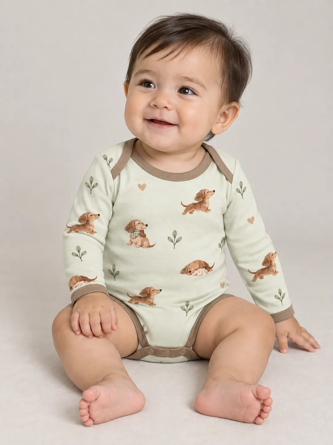 Baby wearing the MossiBaby dachshund meadow long sleeve bodysuit against a pale studio backdrop
