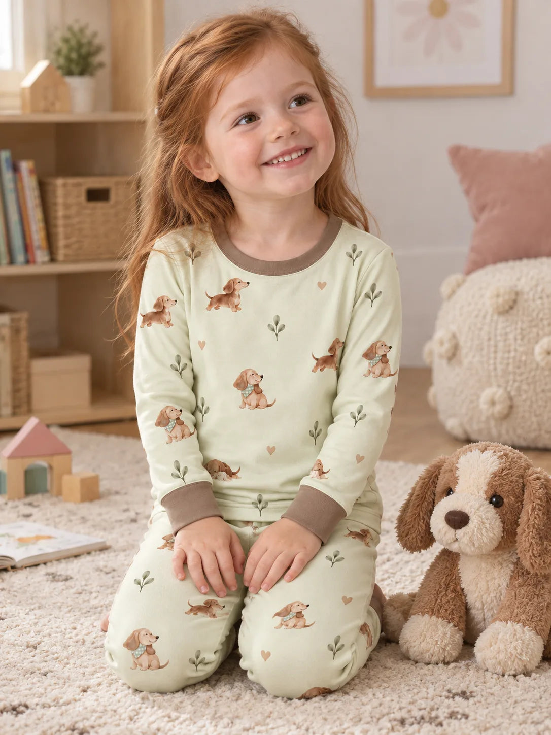 Child wearing the MossiBaby dachshund meadow long sleeve pajama set in an indoor lifestyle scene