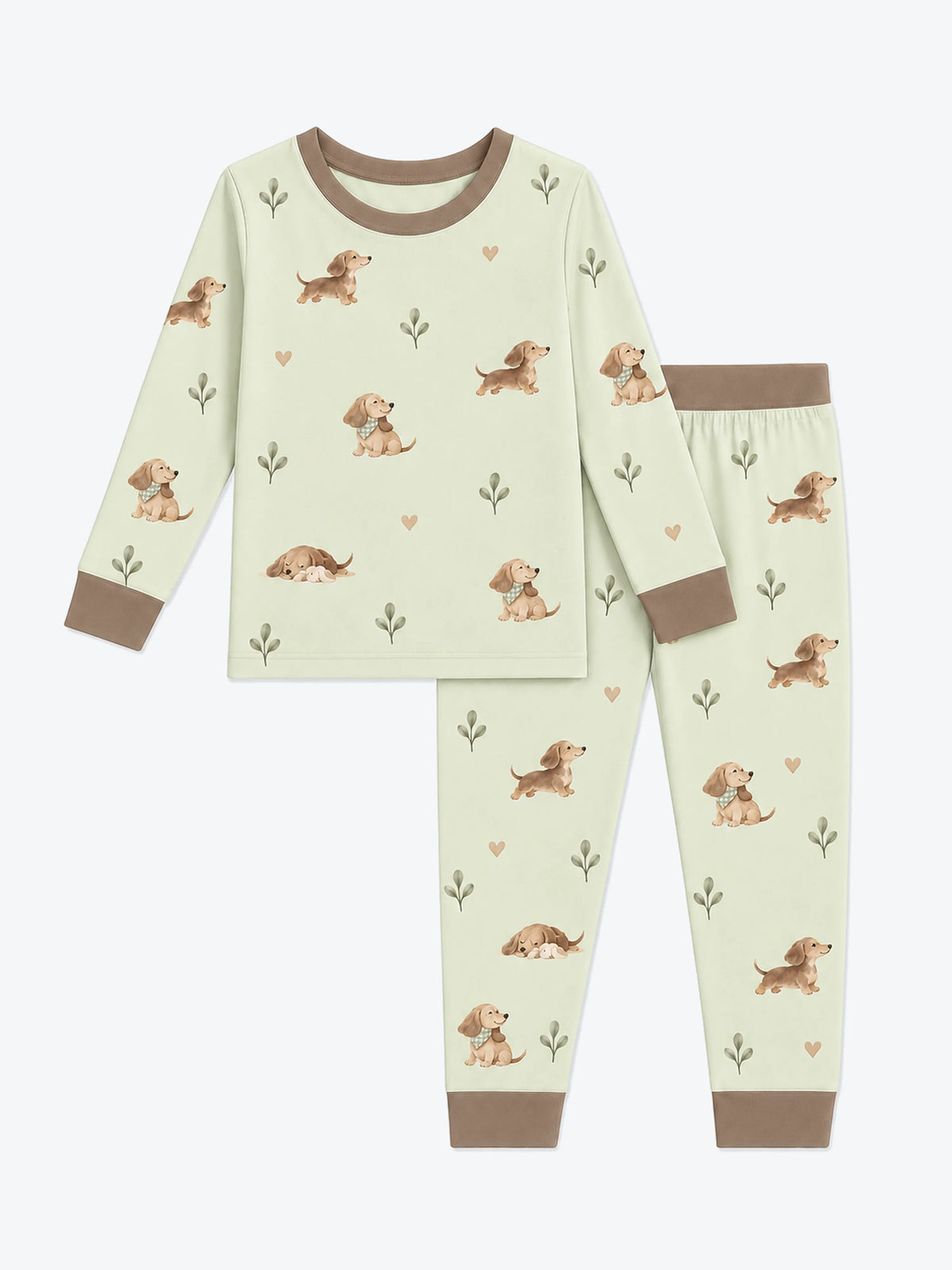 MossiBaby dachshund meadow long sleeve pajama set featuring dachshunds and leafy sprigs on pale sage