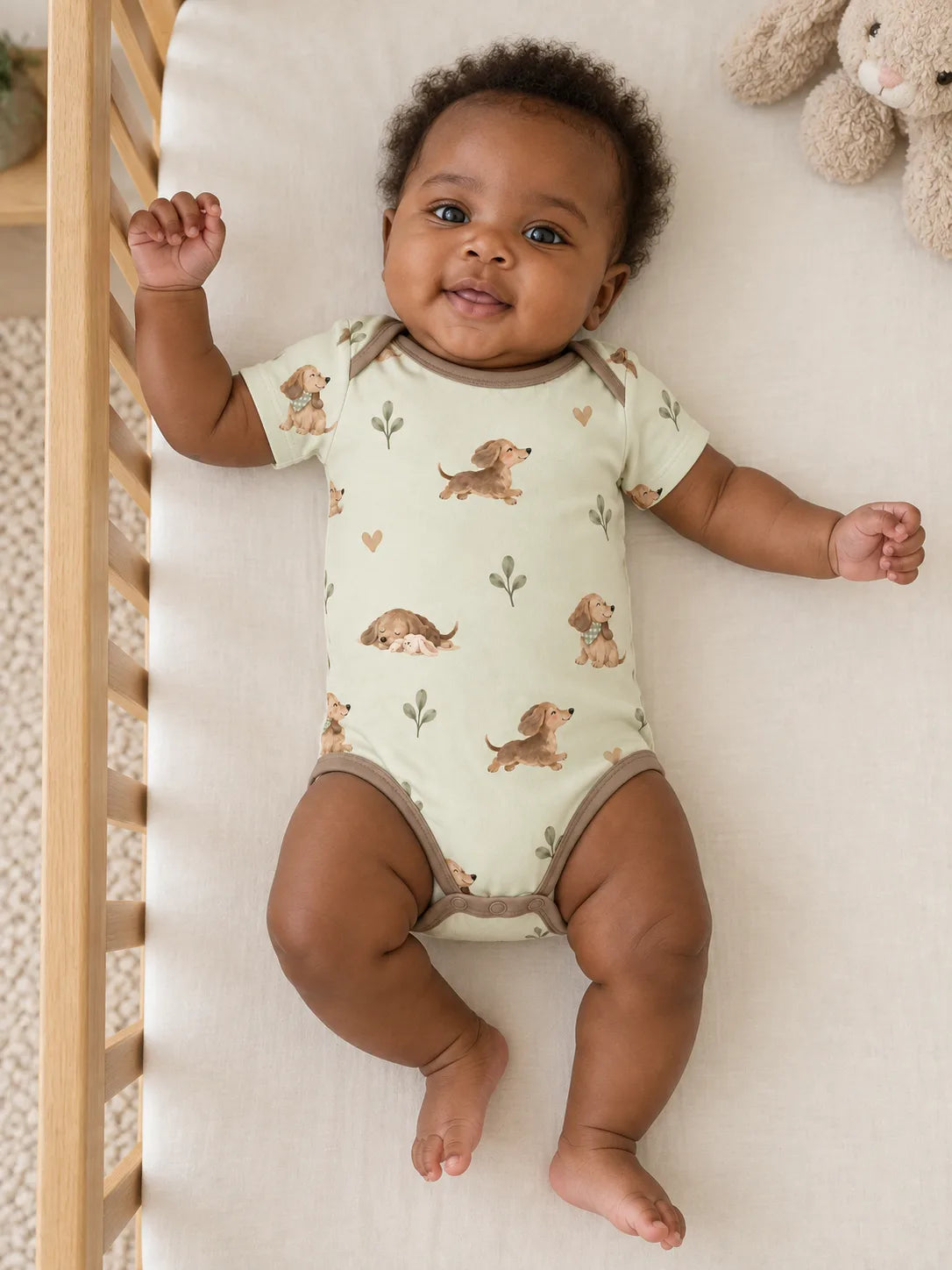 Baby wearing the MossiBaby dachshund meadow short sleeve bodysuit in an indoor lifestyle scene