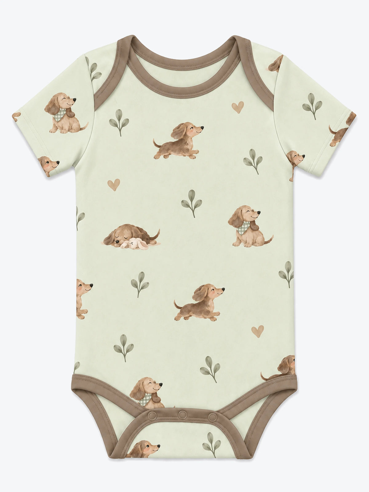 MossiBaby dachshund meadow short sleeve bodysuit featuring dachshunds and leafy sprigs on pale sage