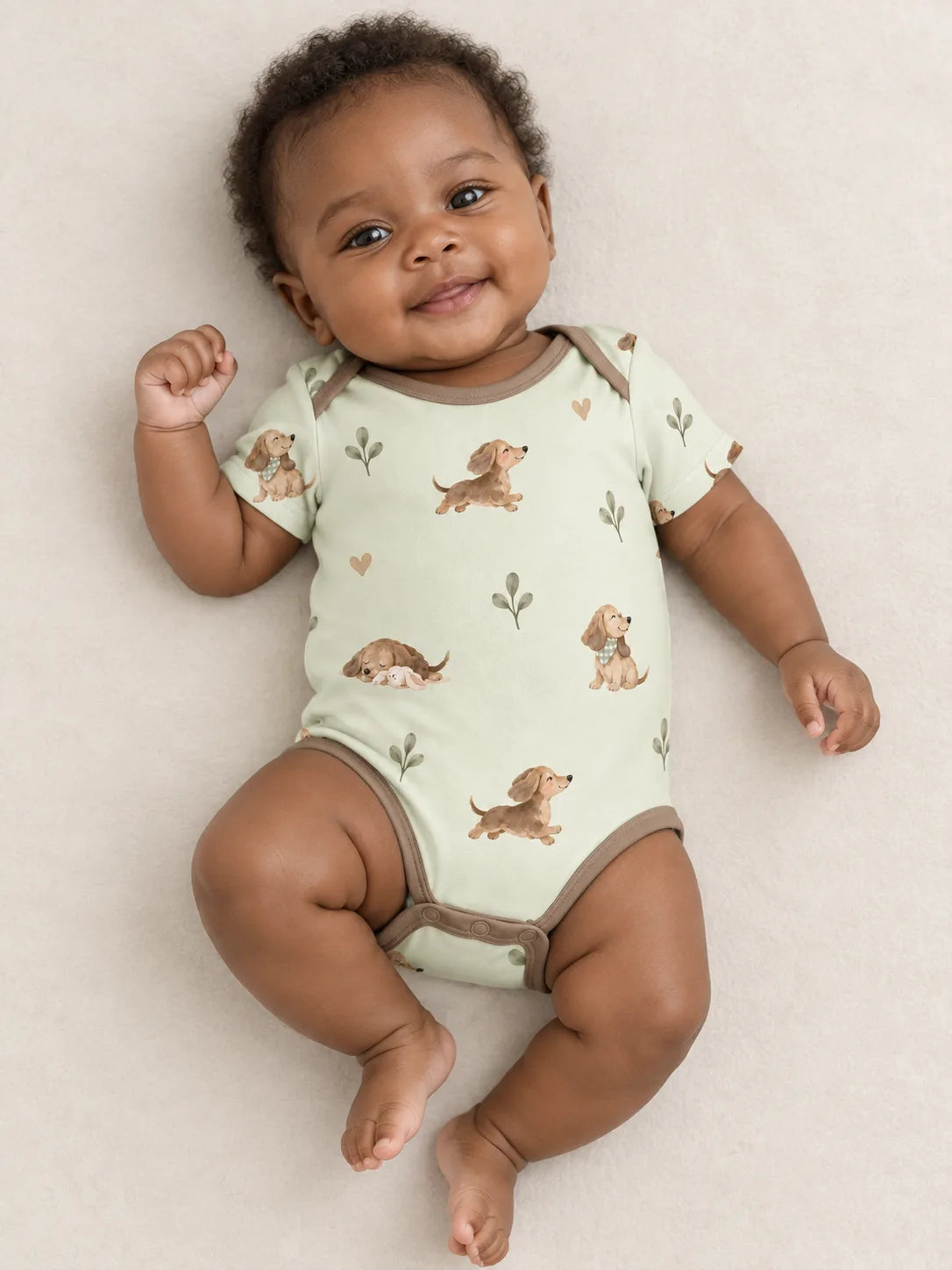 Baby wearing the MossiBaby dachshund meadow short sleeve bodysuit against a pale studio backdrop