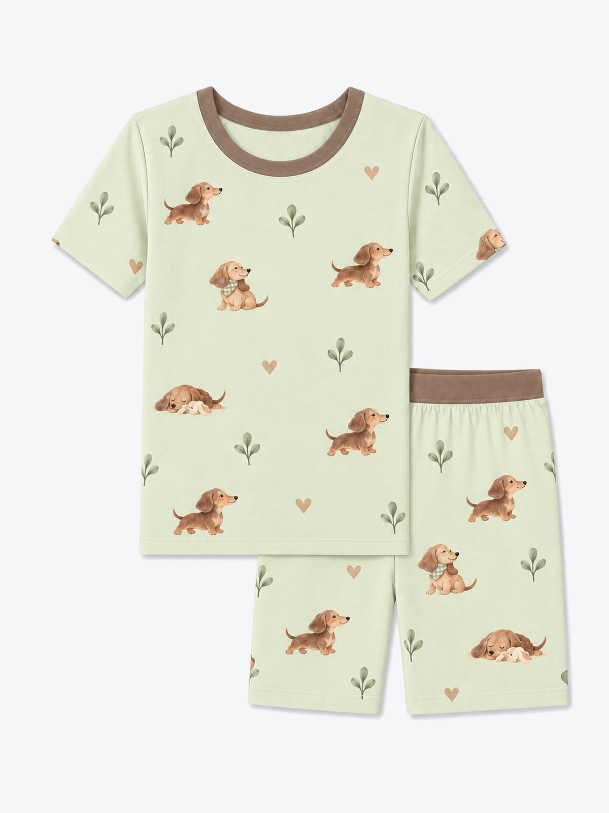 MossiBaby dachshund meadow short sleeve pajama set featuring dachshunds and leafy sprigs on pale sage