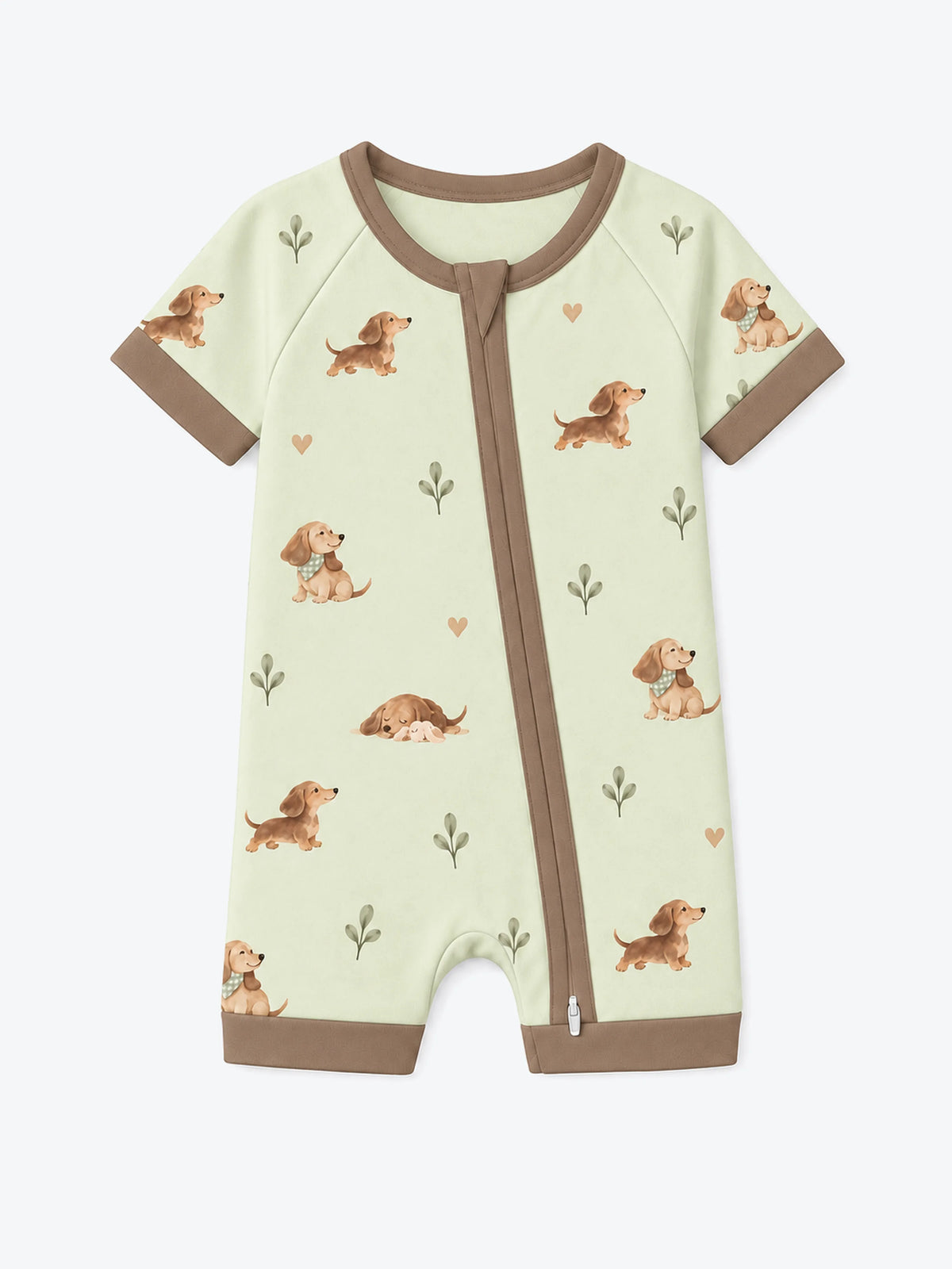 MossiBaby dachshund meadow shorty romper featuring dachshunds and leafy sprigs on pale sage