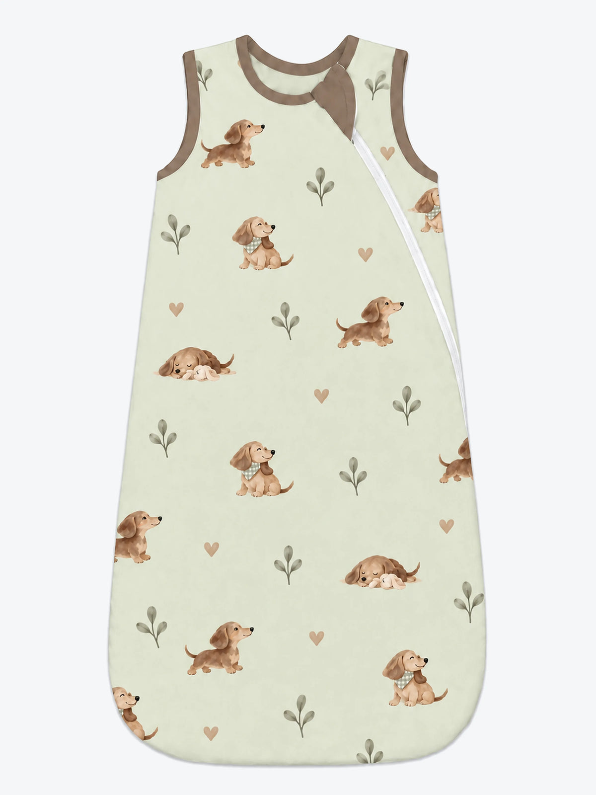 MossiBaby dachshund meadow sleep bag featuring dachshunds and leafy sprigs on pale sage