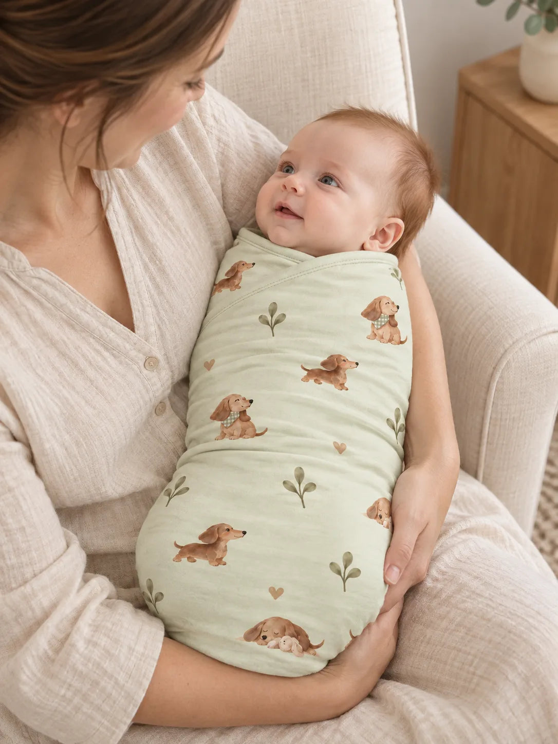 Baby wrapped in the MossiBaby dachshund meadow swaddle blanket in an indoor lifestyle scene