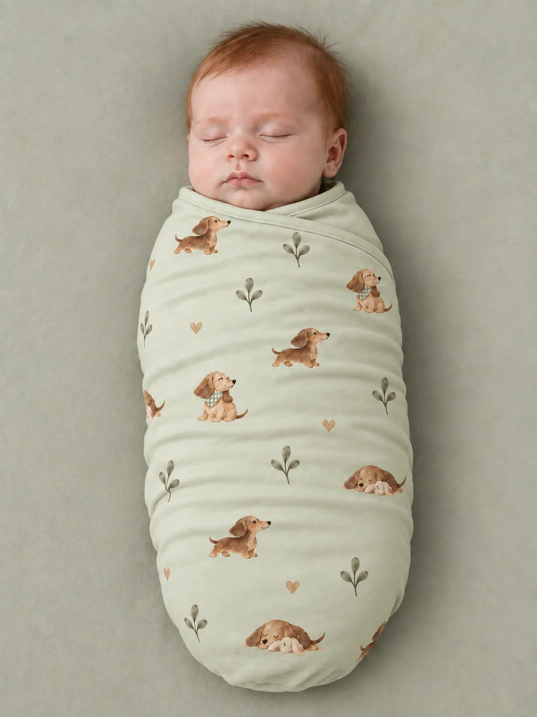 Baby wrapped in the MossiBaby dachshund meadow swaddle blanket against a pale studio backdrop