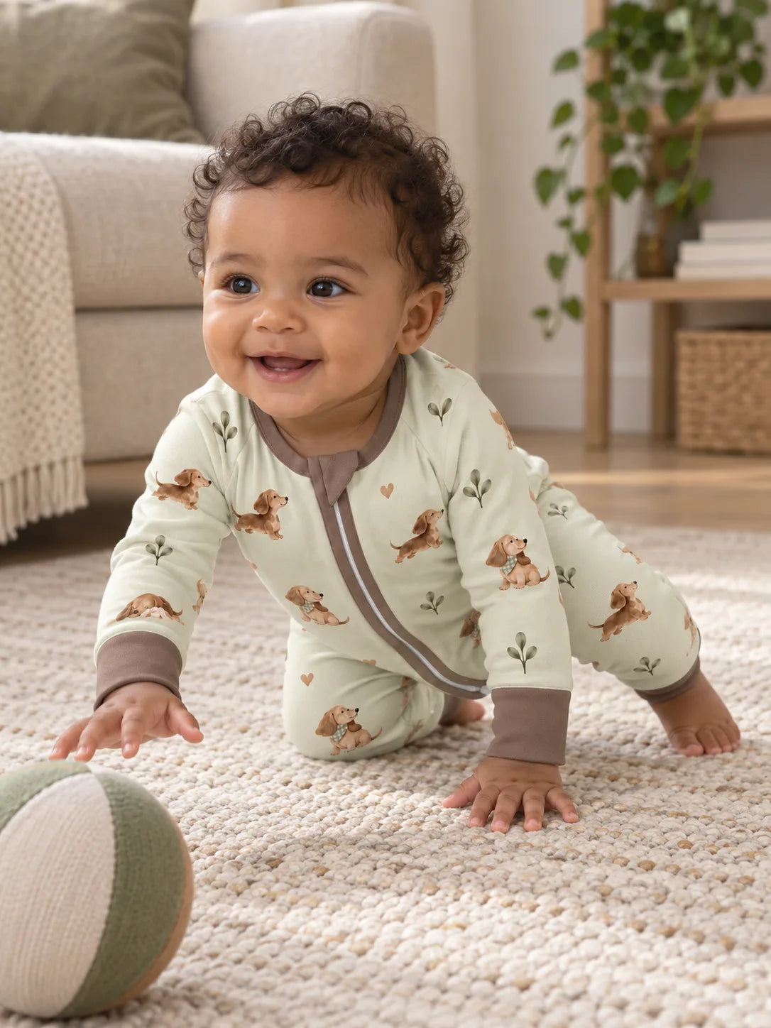 Baby wearing the MossiBaby dachshund meadow zipper romper in an indoor lifestyle scene
