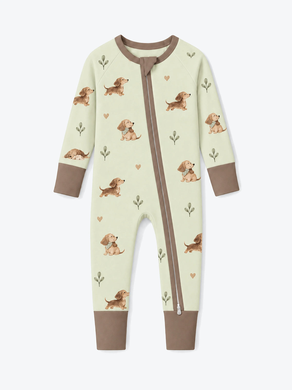 MossiBaby dachshund meadow zipper romper featuring dachshunds and leafy sprigs on pale sage