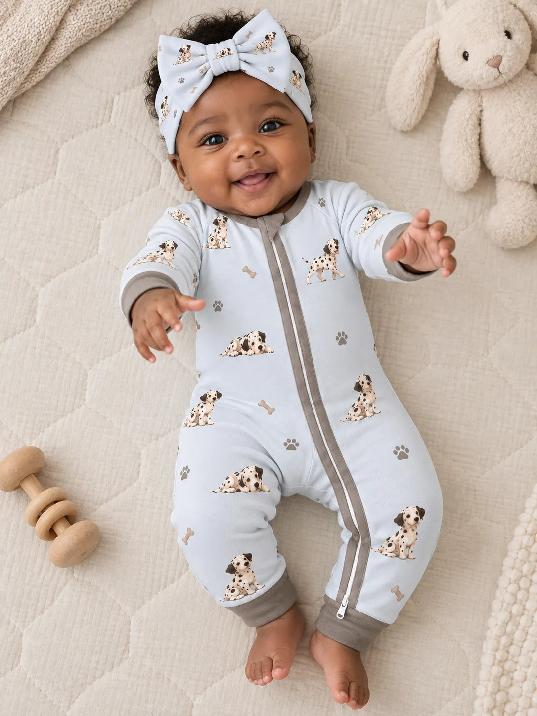 Baby wearing the MossiBaby Dalmatian Days bow headband with a matching zipper romper at home