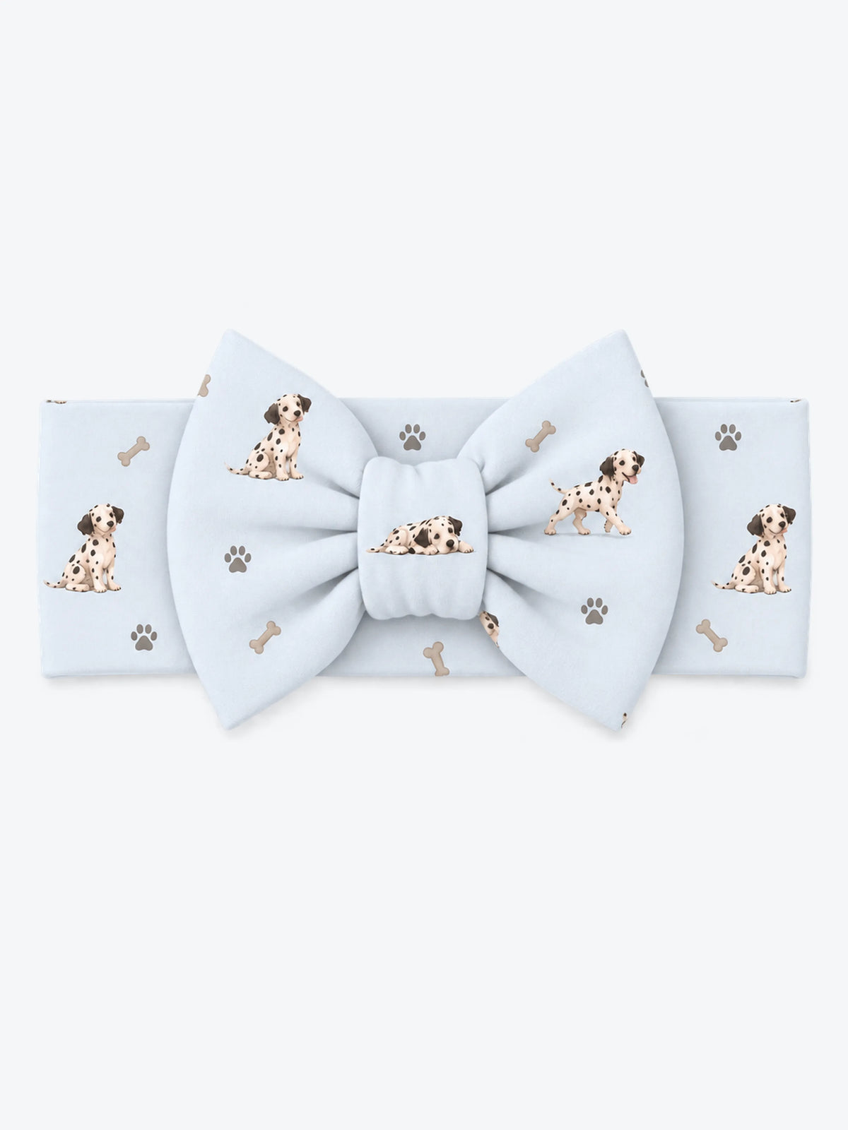 MossiBaby dalmatian days bow headband featuring Dalmatian puppies and paw prints on mist blue