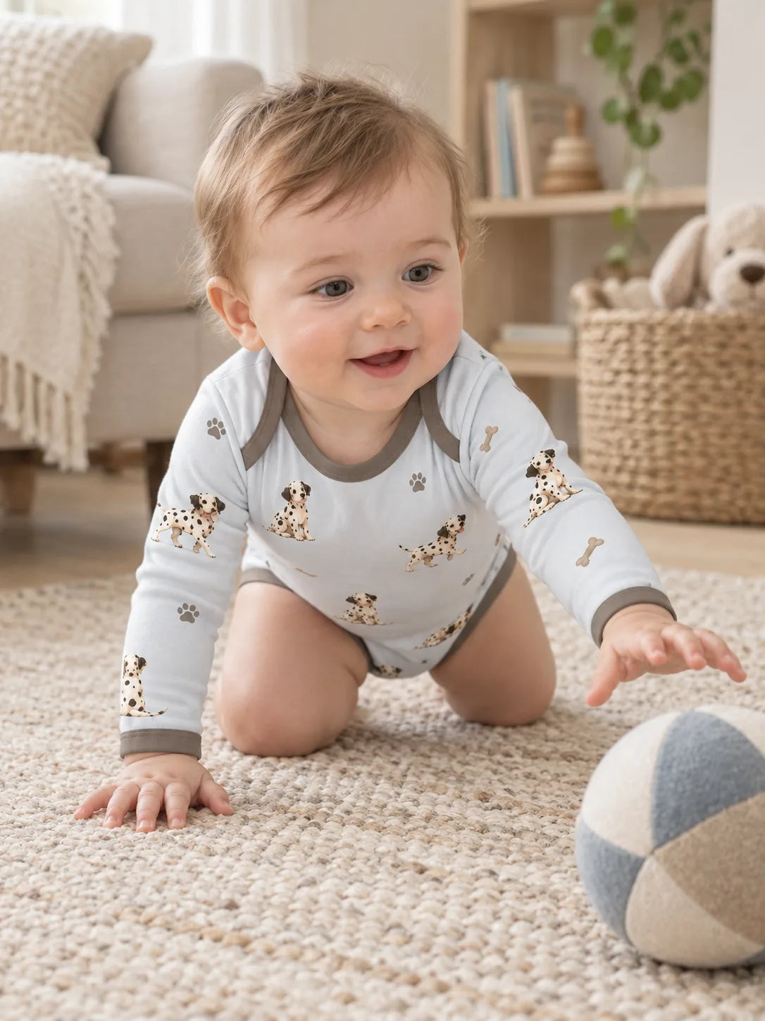 Baby wearing the MossiBaby dalmatian days long sleeve bodysuit in an indoor lifestyle scene