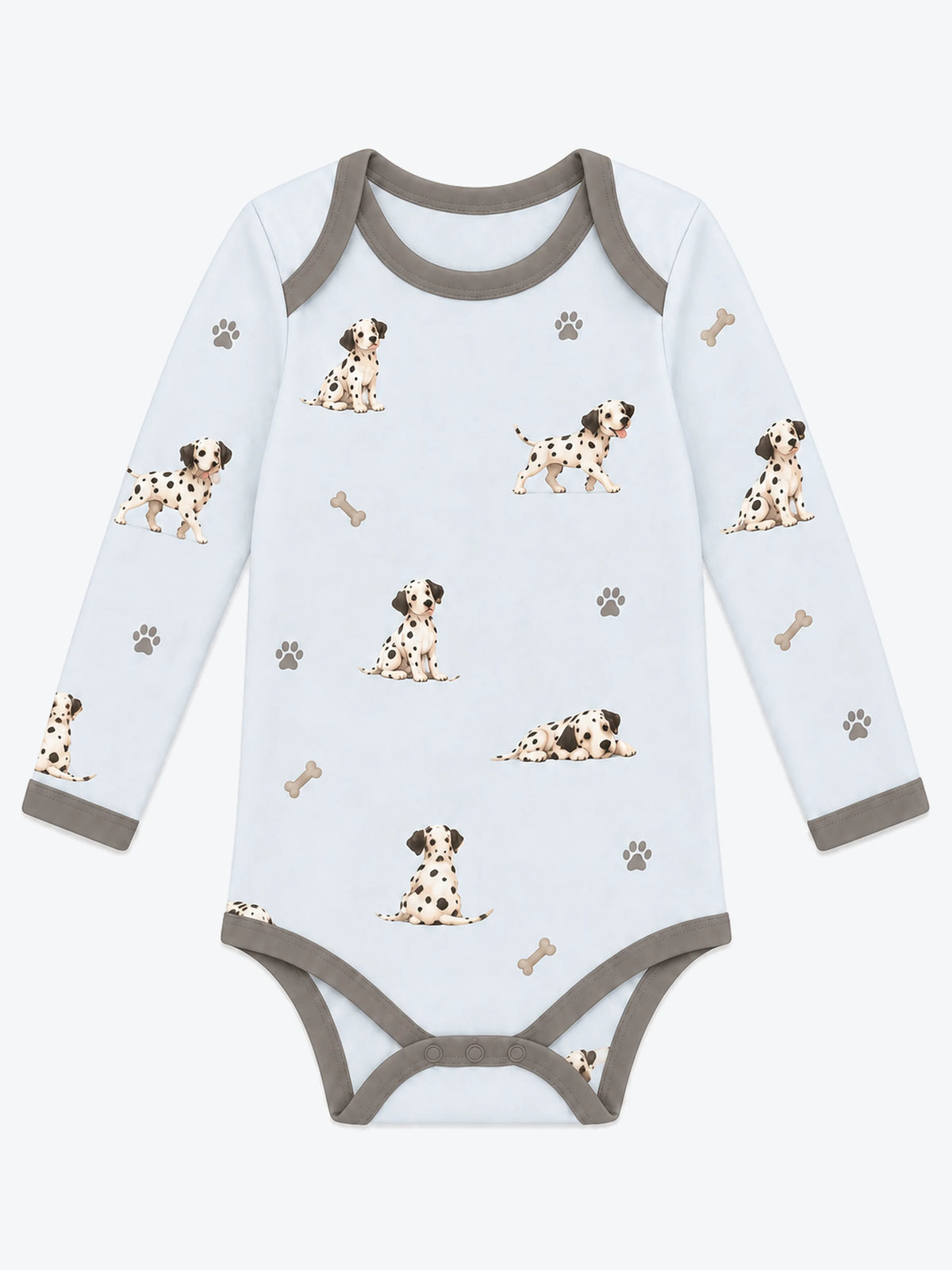 MossiBaby dalmatian days long sleeve bodysuit featuring Dalmatian puppies and paw prints on mist blue