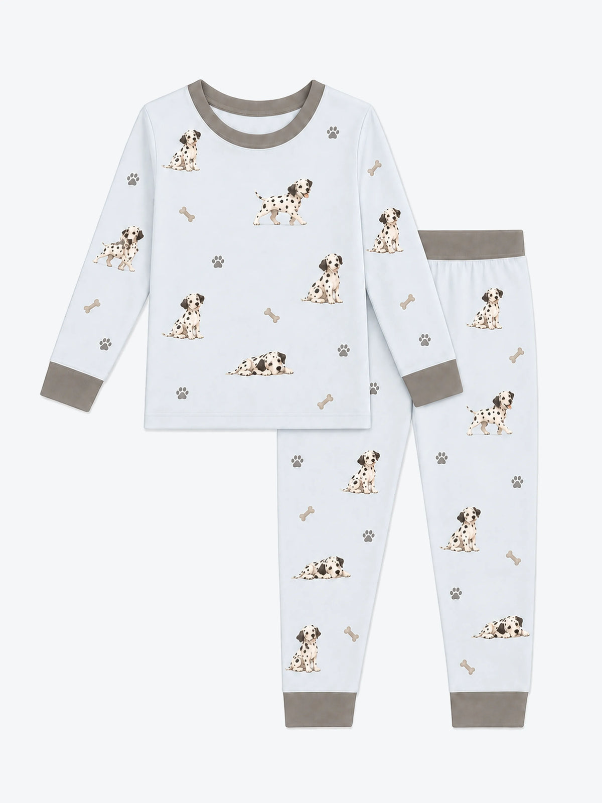 MossiBaby dalmatian days long sleeve pajama set featuring Dalmatian puppies and paw prints on mist blue