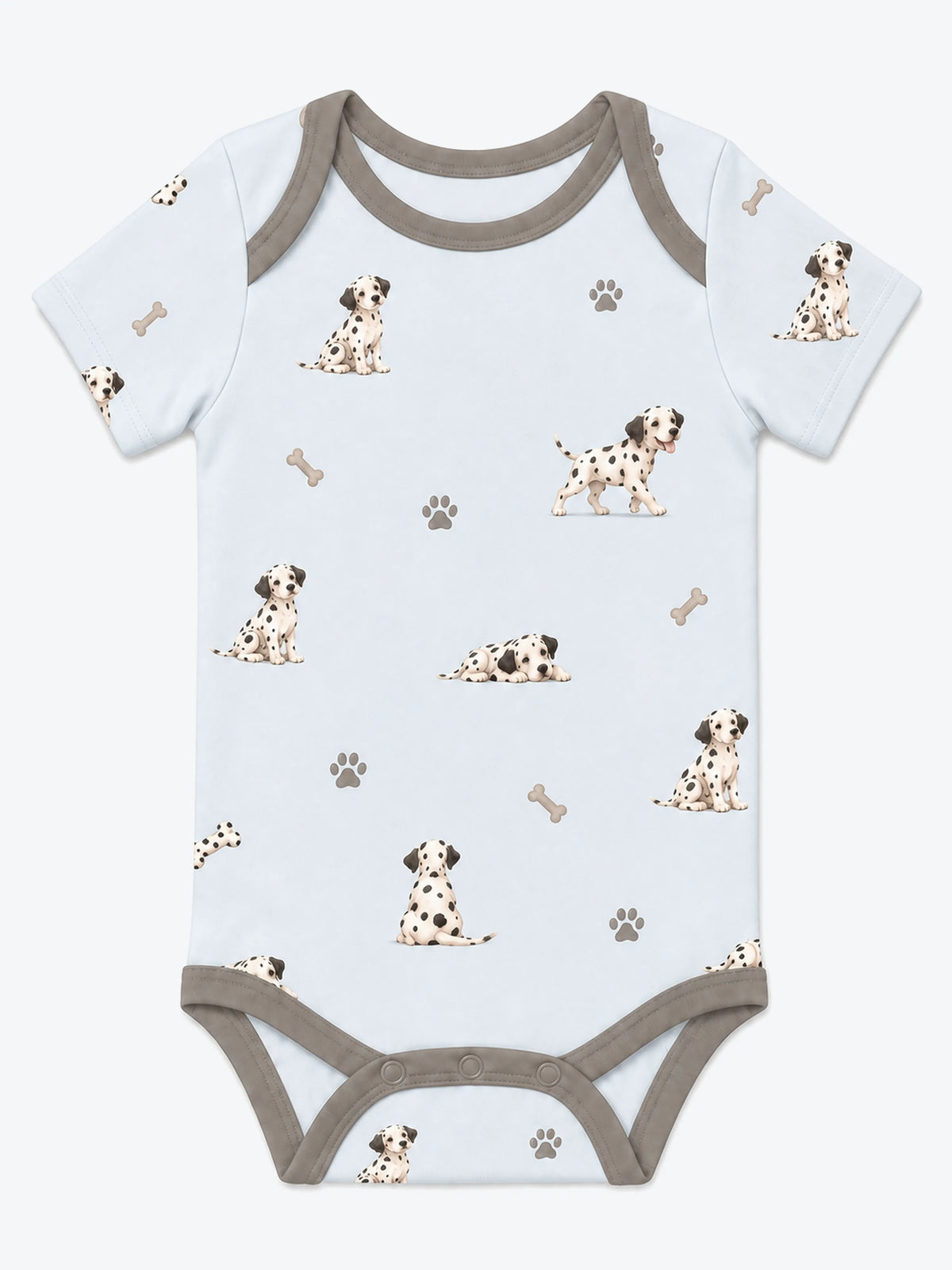 MossiBaby dalmatian days short sleeve bodysuit featuring Dalmatian puppies and paw prints on mist blue