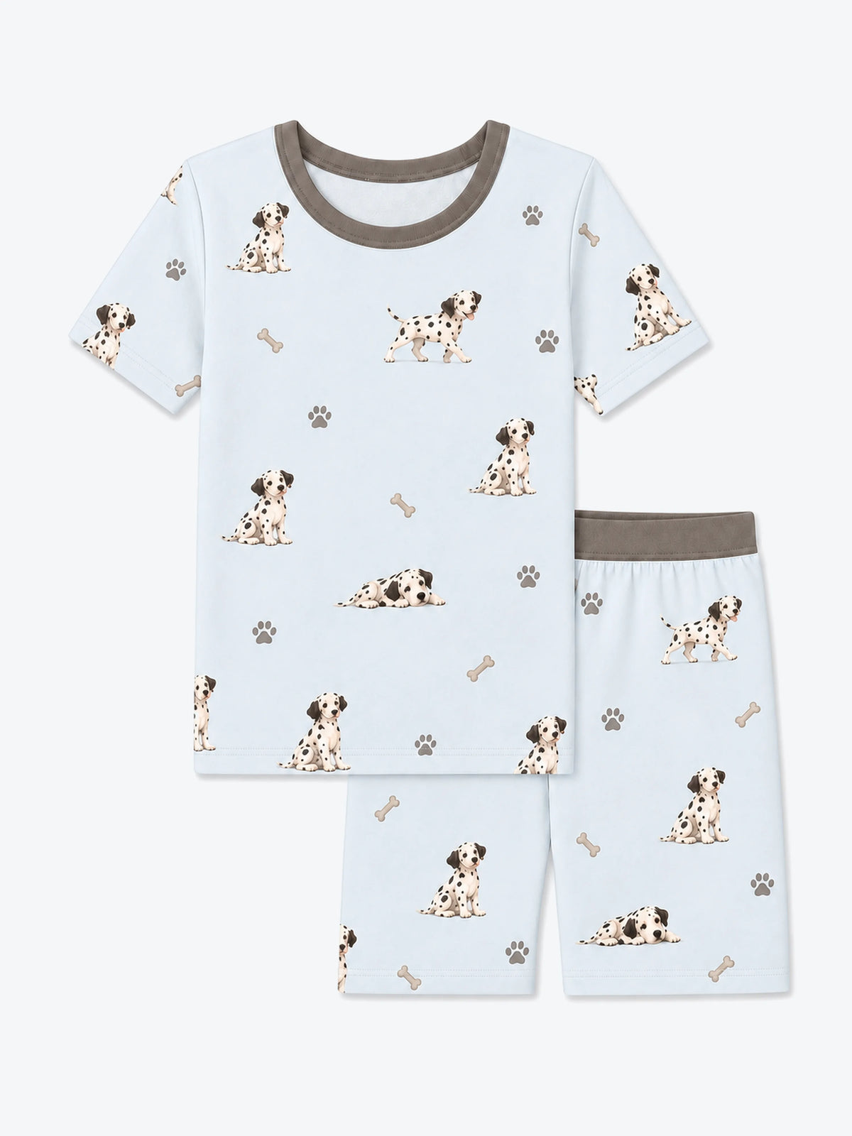 MossiBaby dalmatian days short sleeve pajama set featuring Dalmatian puppies and paw prints on mist blue