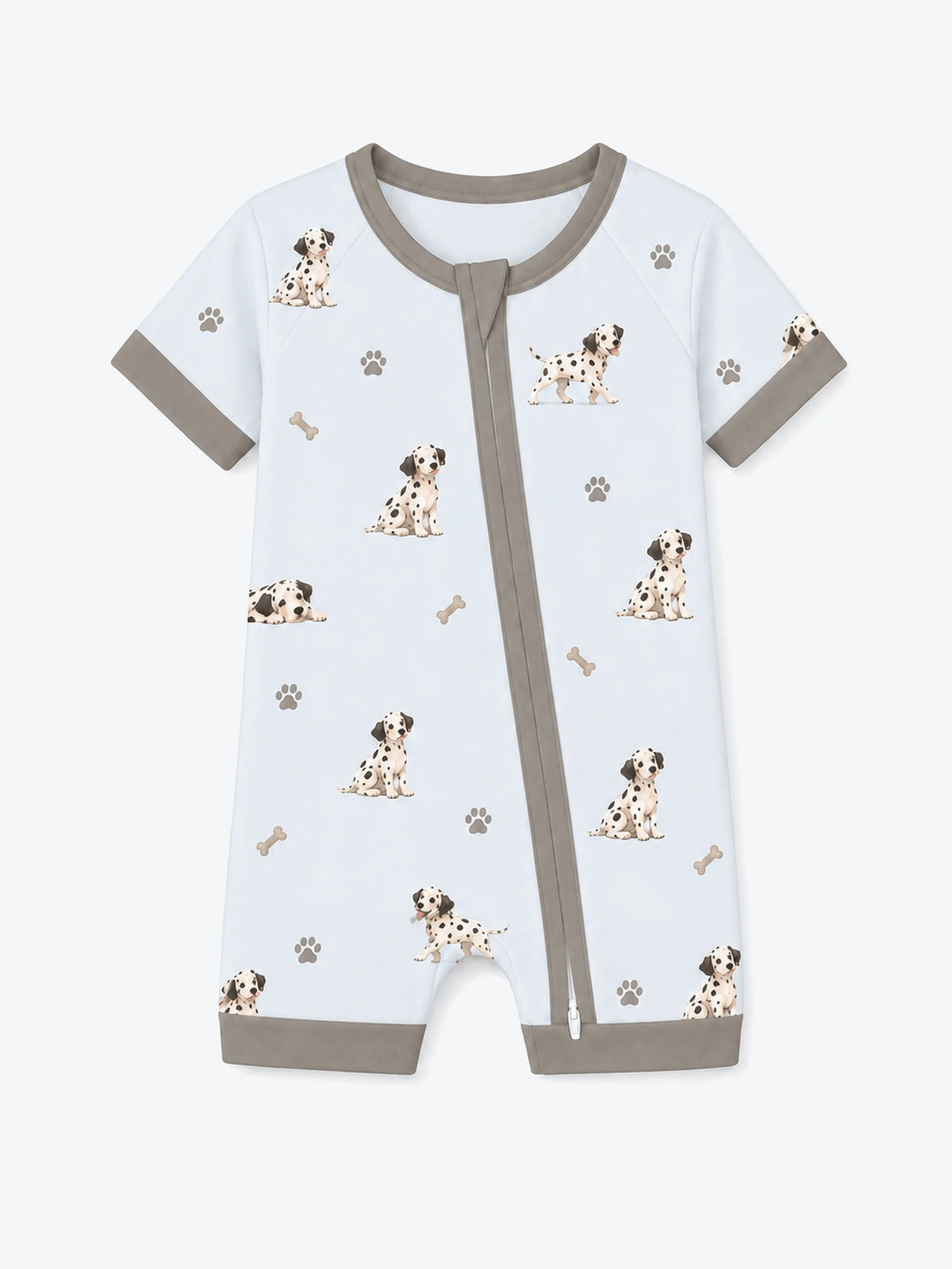 MossiBaby dalmatian days shorty romper featuring Dalmatian puppies and paw prints on mist blue