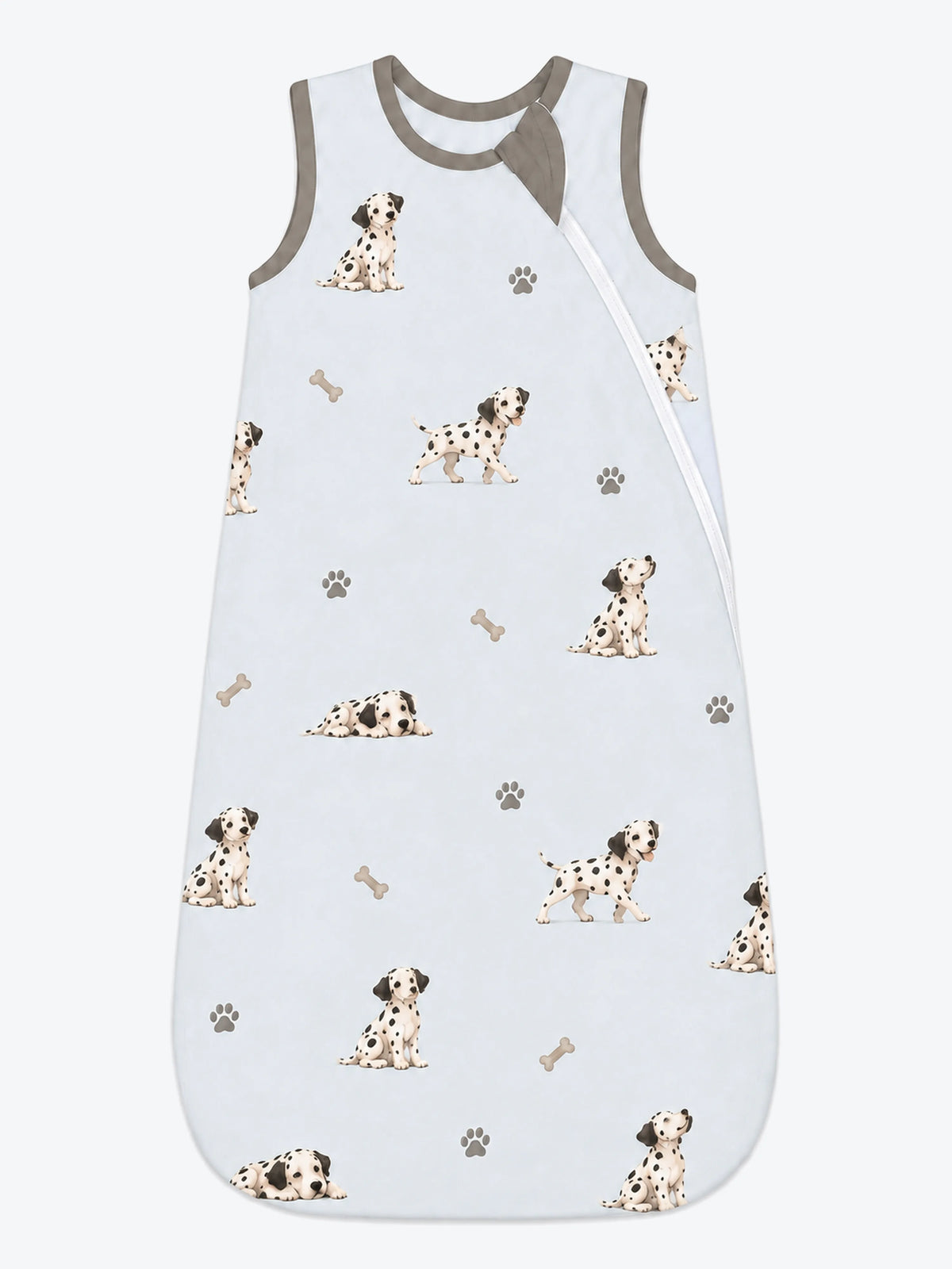 MossiBaby dalmatian days sleep bag featuring Dalmatian puppies and paw prints on mist blue