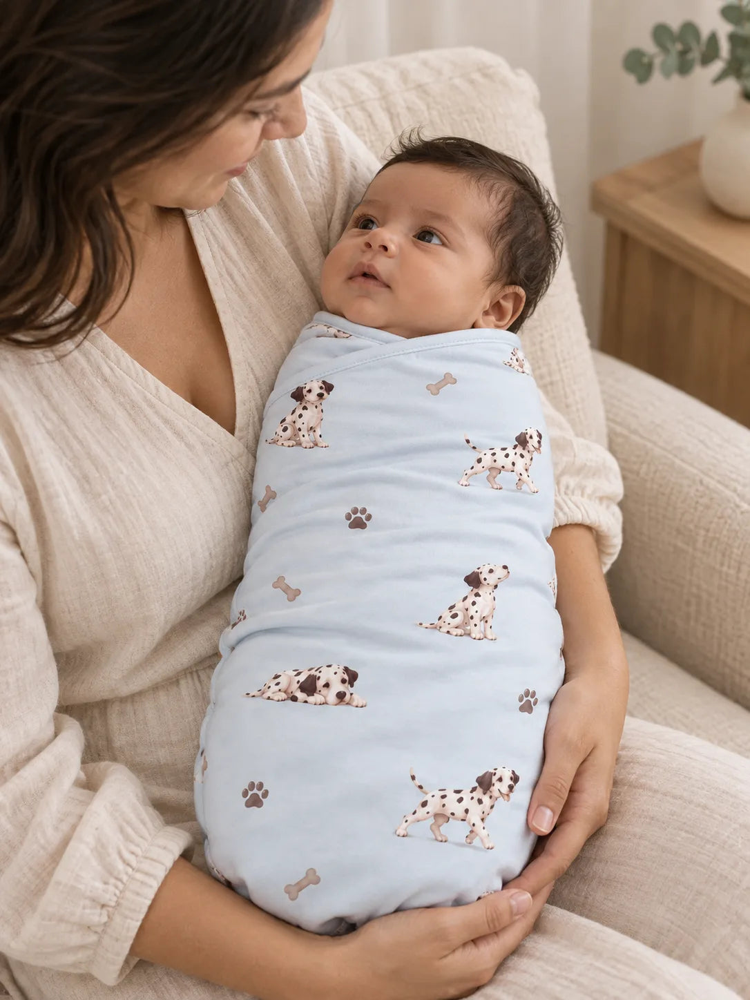 Baby wrapped in the MossiBaby dalmatian days swaddle blanket in an indoor lifestyle scene