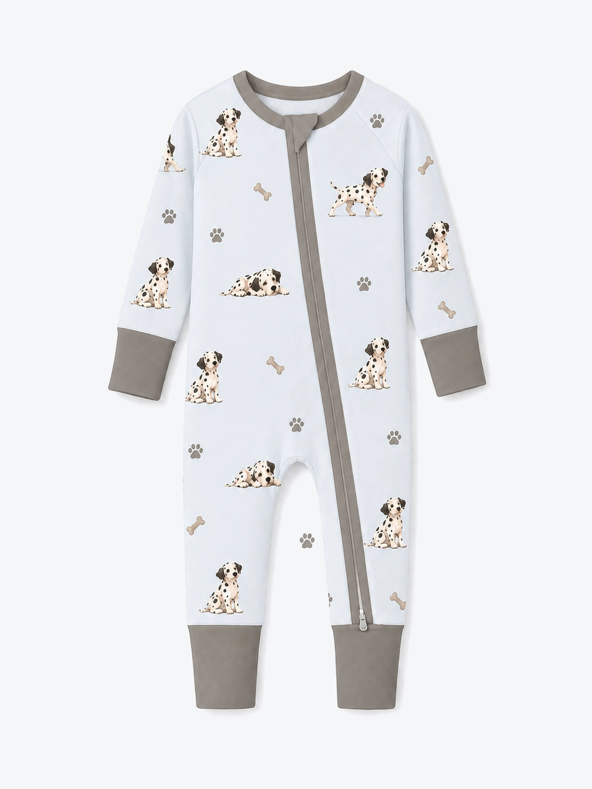 MossiBaby dalmatian days zipper romper featuring Dalmatian puppies and paw prints on mist blue