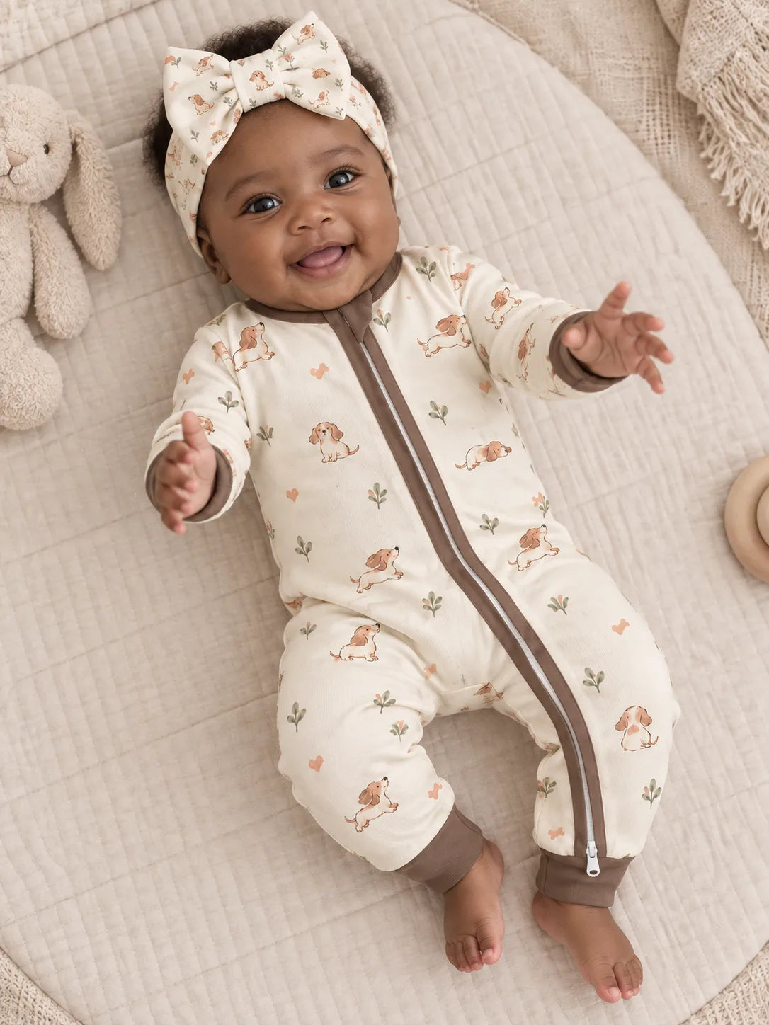 Baby wearing the MossiBaby Doxie Dreams bow headband with a matching zipper romper at home