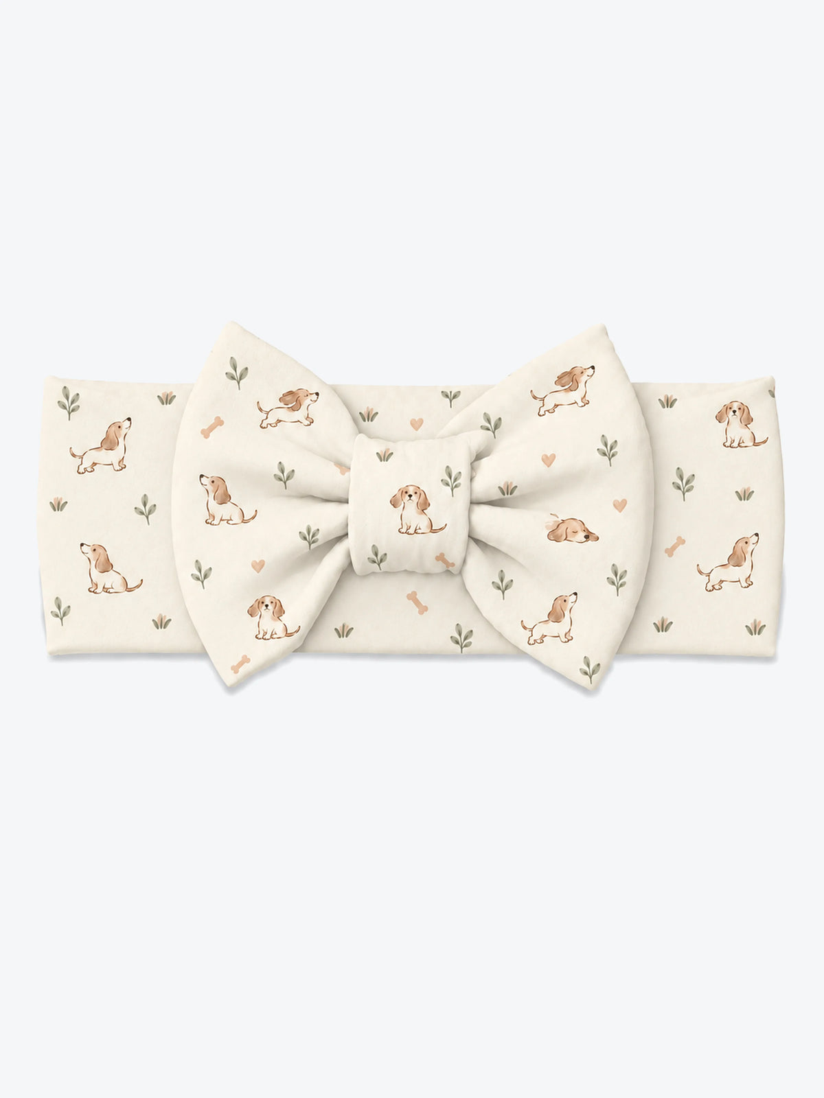 MossiBaby doxie dreams bow headband featuring delicate dachshund drawings on soft ivory