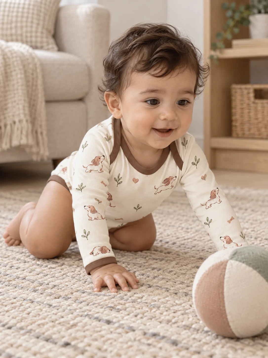 Baby wearing the MossiBaby doxie dreams long sleeve bodysuit in an indoor lifestyle scene
