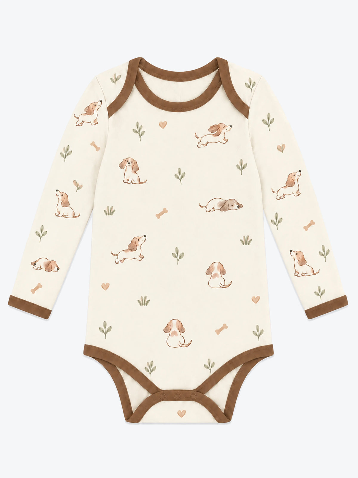 MossiBaby doxie dreams long sleeve bodysuit featuring delicate dachshund drawings on soft ivory