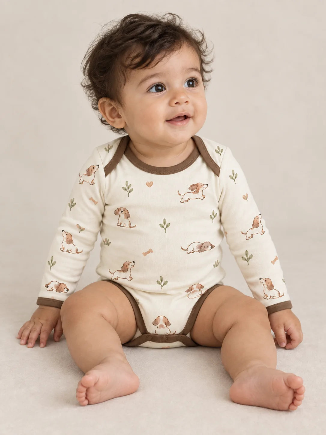 Baby wearing the MossiBaby doxie dreams long sleeve bodysuit against a pale studio backdrop