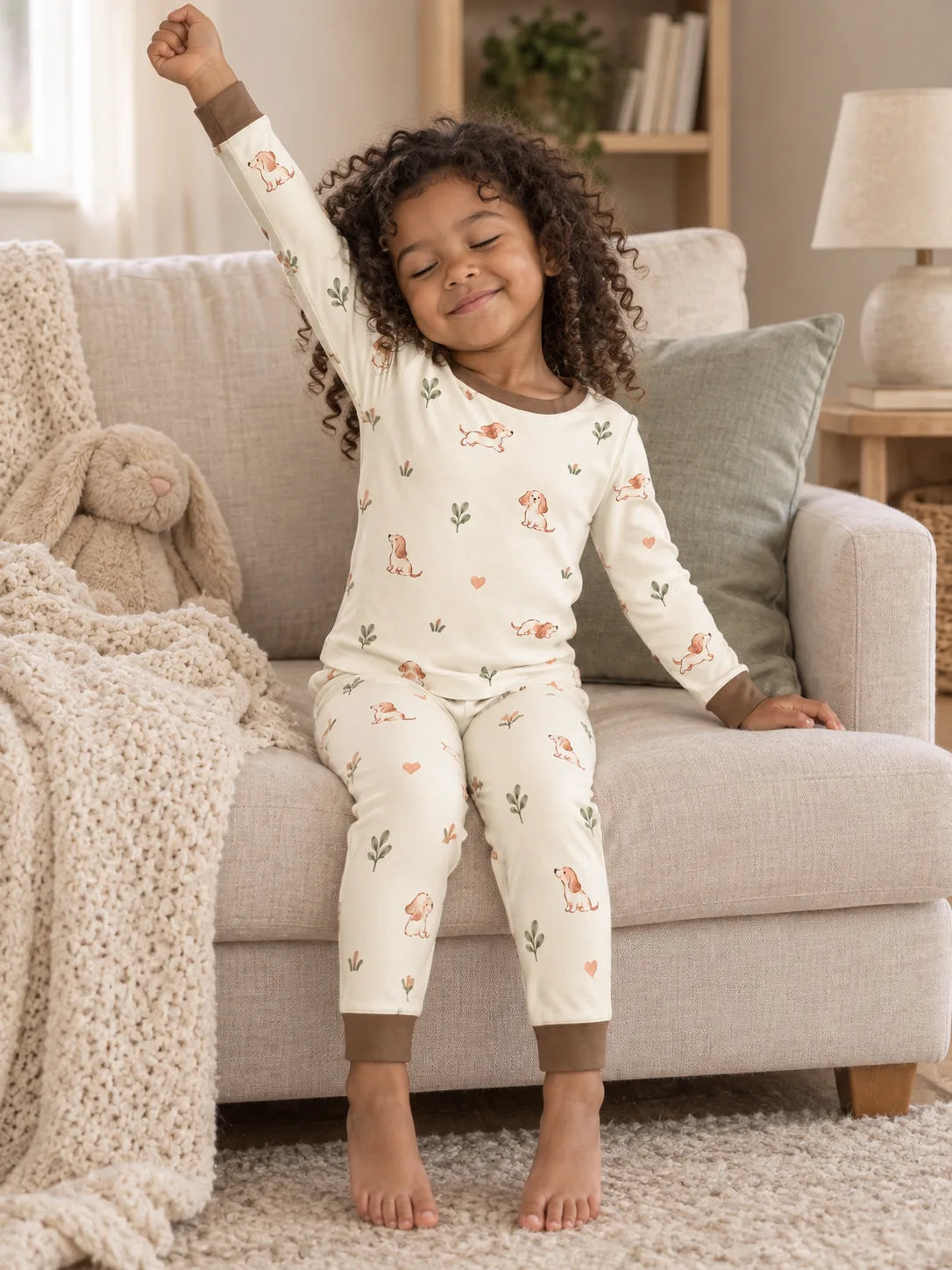 Child wearing the MossiBaby doxie dreams long sleeve pajama set in an indoor lifestyle scene